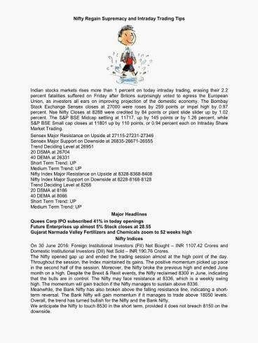 Nifty Regain Supremacy and Intraday Trading Tips