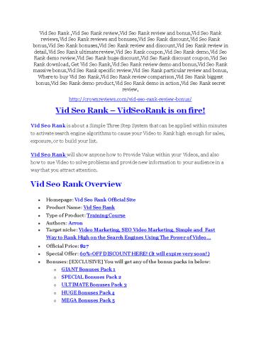 Vid Seo Rank review- Vid Seo Rank (MEGA) $21,400 bonus