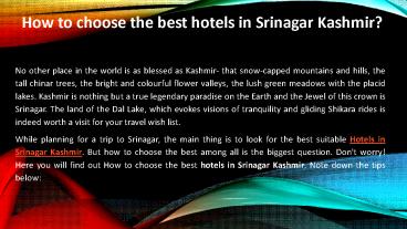 How to Choose the Best Hotels in Srinagar Kashmir