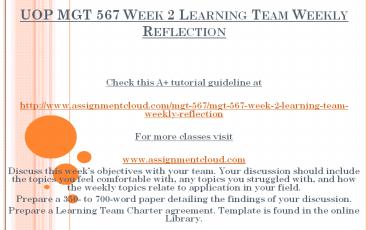 UOP MGT 567 Week 2 Learning Team Weekly Reflection