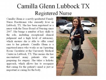 Camilla Glenn of Lubbock TX - Registered Nurse