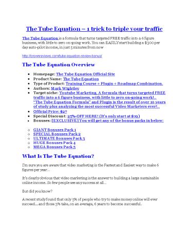 The Tube Equation review- The Tube Equation $27,300 bonus & discount