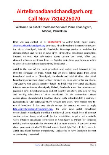Airtel Broadband Connection in Chandigarh,Mohali 7814226070