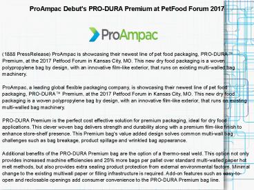 ProAmpac Debut's PRO-DURA Premium at PetFood Forum 2017