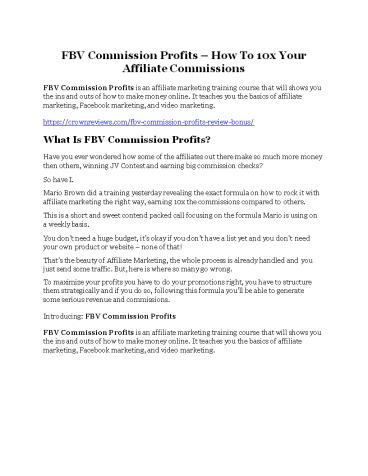 FBV Commission Profits Review and Premium Bonus