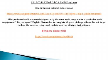 ASH ACC 410 Week 3 DQ 1 Audit Programs