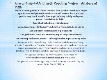 Abacus & Mental Arithmetic Coaching Centres   database of India