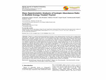 Mass Spectrometric Analysis of Isotopic Abundance Ratio in Biofield Energy Treated Thymol