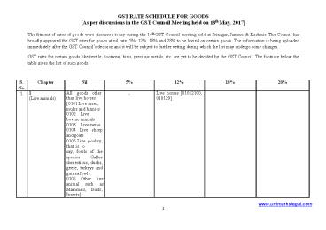 GST (Goods and Services Tax) RATE SCHEDULE FOR GOODS AS FINALIZED ON 18.05.2017 - Unimarks