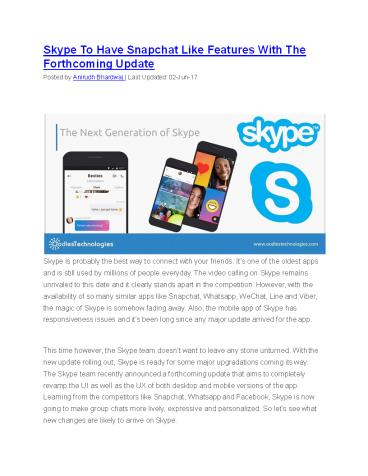 Skype To Have Snapchat Like Features With The Forthcoming Update