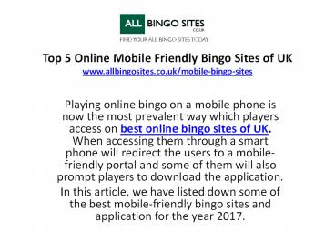 Top 5 Mobile Friendly Bingo Sites of UK