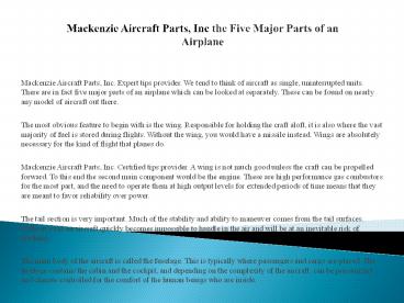 Mackenzie Aircraft Parts, Inc the Five Major Parts of an Airplane