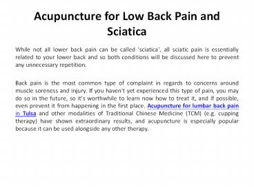Acupuncture for Low Back Pain and Sciatica