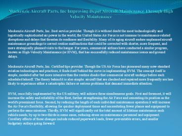 Mackenzie Aircraft Parts, Inc Improving Depot Aircraft Maintenance Through High Velocity Maintenance