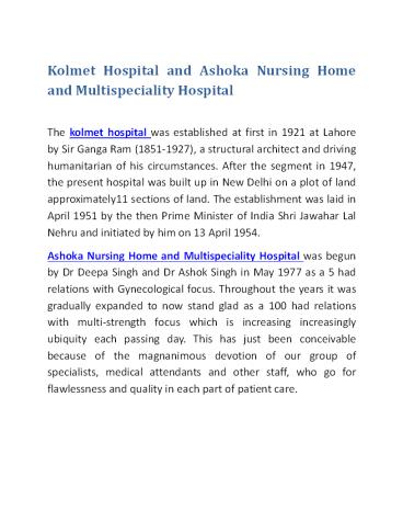 Kolmet Hospital and  Ashoka Nursing Home and Multispeciality Hospital