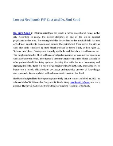 Lowest Neelkanth IVF Cost and Dr. Simi Sood