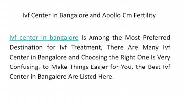 Ivf Center in Bangalore and Apollo Cm Fertility