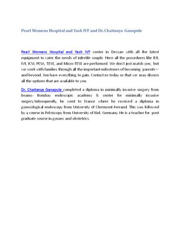 Pearl Womens Hospital and Yash IVF and Dr. Chaitanya Ganapule