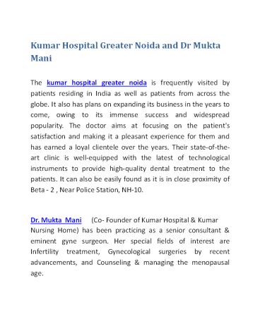 Kumar Hospital Greater Noida and Dr Mukta Mani