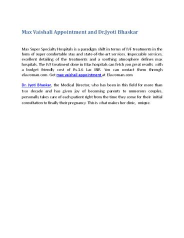 max vaishali appointment and Dr Jyoti Bhaskar