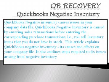 QB RECOVERY - Quickbooks Negative Inventory