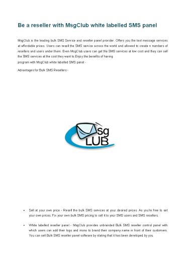 Be a reseller with MsgClub white labelled SMS panel