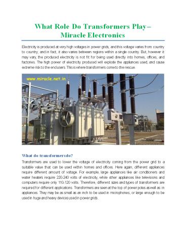 What Role Do Transformers Play - Miracle Electronics