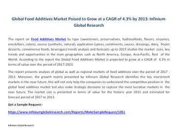 Global Food Additives Market Poised to Grow at a CAGR of 4.3% by 2013: Infinium Global Research