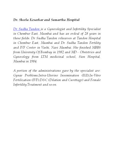 Dr. Sheela Kesarkar and Samartha Hospital