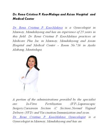 Dr. Rena Cristina P. Koa-Malaya and Asian Hospital and Medical Center