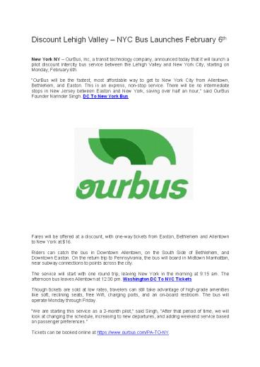 Discount Lehigh Valley – NYC Bus Launches February 6th