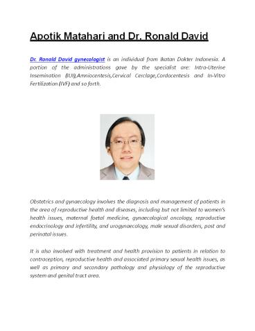 Apotik Matahari and Dr. Ronald David