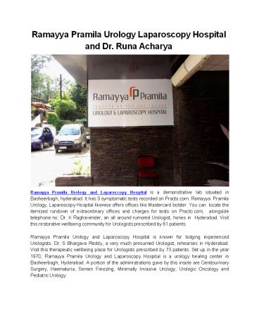 Ramayya Pramila Urology Laparoscopy Hospital and Dr. Runa Acharya
