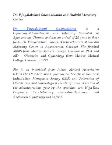 Dr. Vijayalakshmi Gnanasekaran and Shakthi Maternity Centre
