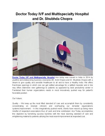 Doctor Today IVF and Multispecialty Hospital and Dr. Shubhda Chopra
