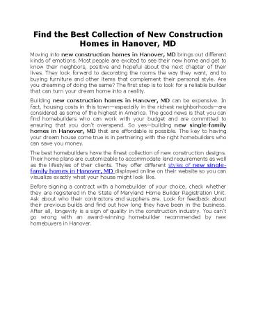 Find the Best Collection of New Construction Homes in Hanover, MD