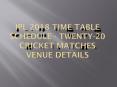 IPL 2018 Time Table Schedule - Twenty-20 Cricket Matches Venue Details PowerPoint PPT Presentation