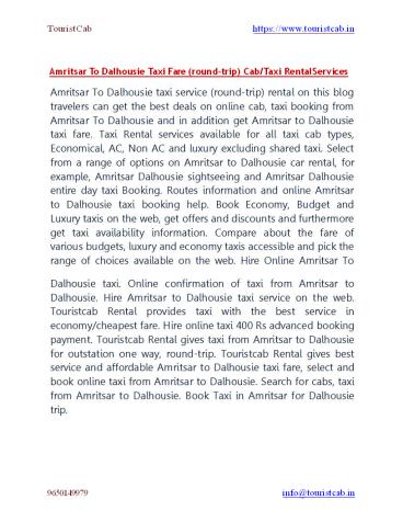 Amritsar To Dalhousie Taxi Fare (round-trip) Cab/Taxi Rental Services