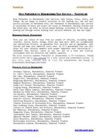 Hire Taxi by Touristcab and Save on Pathankot to Dharamshala taxi fare