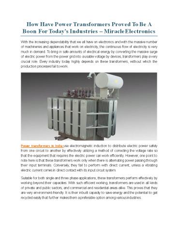 How Have Power Transformers Proved To Be A Boon For Today’s Industries