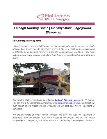 Lalbagh Nursing Home | Dr. Vidyamani Lingegowda | Elawoman