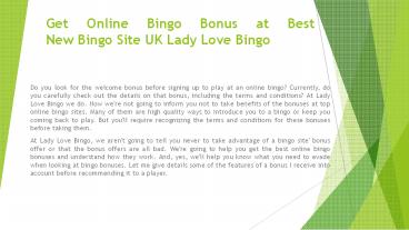 Get Online Bingo Bonus at Best New Bingo Site UK Lady Love Bingo