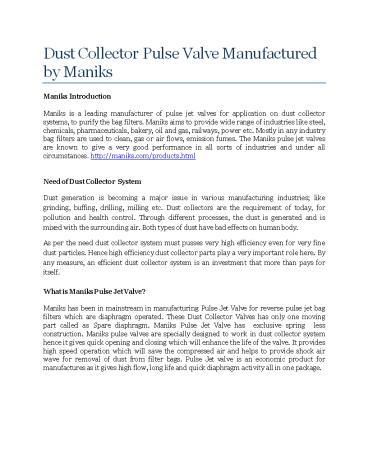 Dust Collector Pulse Valve Manufactured by Maniks