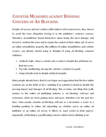 Counter Measure against budding concern of Ad Blocking