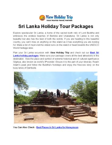 Sri Lanka Holiday Tour Packages - View Holiday Trip