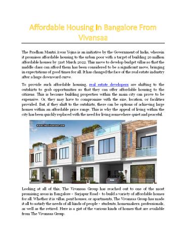 Affordable Housing In Bangalore From The Vivansaa