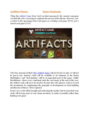 Artifact Game: Dota Cards Game Business and Economy
