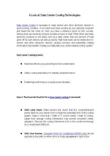 A Look at Data Center Cooling Technologies