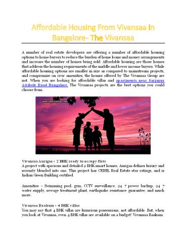 Affordable Housing From Vivansaa In Bangalore