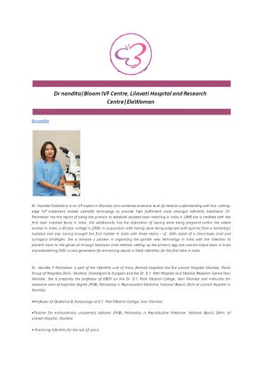 Dr nandita|Bloom IVF Centre, Lilavati Hospital and Research Centre|ElaWoman